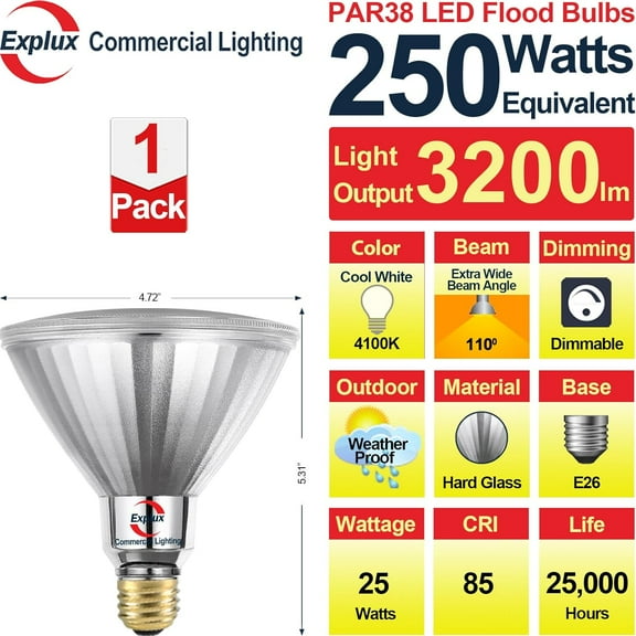 IYFFDFE-Explux 250 Watt Equivalent PAR38 LED Flood Light Bulbs, Super Bright 3200 Lumens, Dimmable, Full-Glass Outdoor Waterproof & Anti-Ageing, 4100K Cool White Spotlight, 1-Pack