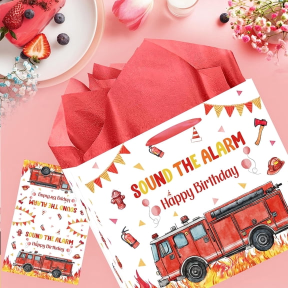 IYFFDFE-Firetruck Birthday Gift Bag, Fire Truck Themed Gift Wrap Bags with Handles, Tissue Paper and Greeting Card for Fireman Firefighter Birthday Party Decorations Supplies