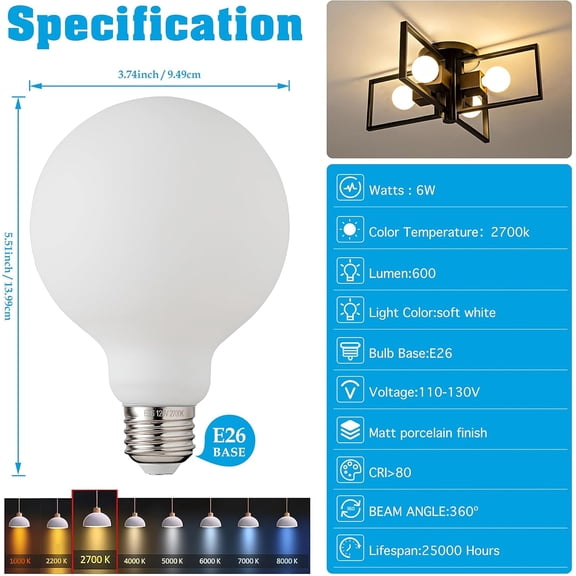 IYFFDFE-Frosted Globe Light Bulbs 60 Watt Equivalent, 6W No Dimmable LED Globe Light Bulbs, 2700k Soft White, E26 Standard Base G30/G95 Vintage LED Edison Bulb, 1 Pack