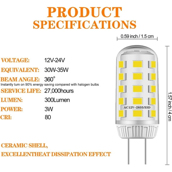 IYFFDFE-G4 LED Bulb 12-24V AC/DC 3W Equivalent to 30W Halogen Bulb JC ...