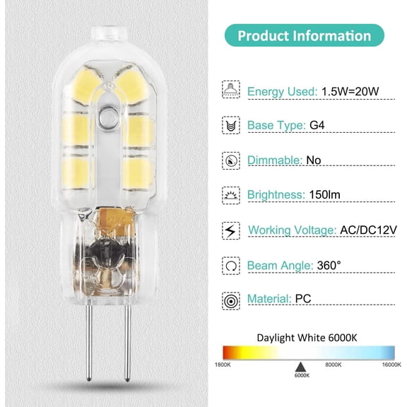 IYFFDFE-G4 LED Bulb, 12V Bi Pin 20W Halogen Bulb Replacement, NOT Dimmable, Daylight White 6000K, 10-Pack