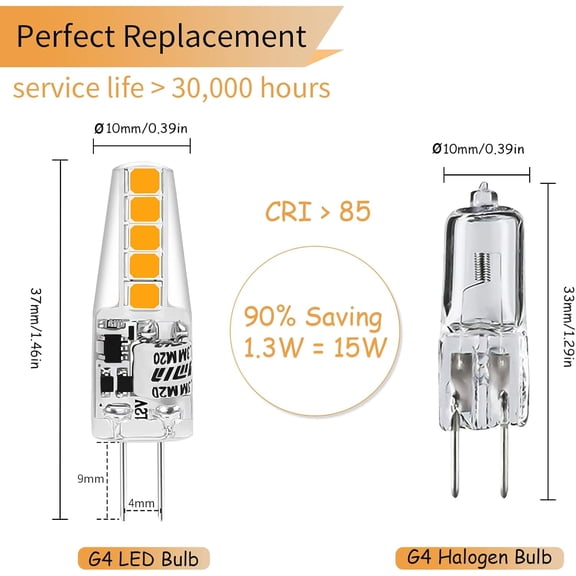 IYFFDFE-G4 LED Bulb, 12V JC G4 Bi Pin Bulb, 1.3 Watt AC/DC 12V 10W-20W T3 Halogen Track Bulb Replacement Landscape Bulbs Warm White 3000K, 10-Pack