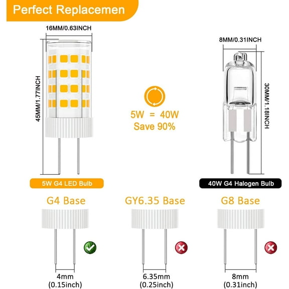 IYFFDFE-G4 LED Bulb 5W 2700K Warm White Bi-pin T3 JC Type 12V AC/DC 40W Halogen Equivalent for Outdoor Landscape Lighting Deck Stair Step Path Lights,Pack of 6