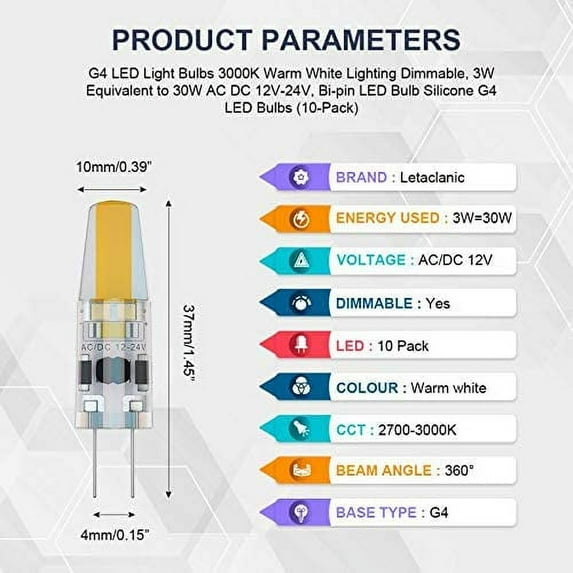 IYFFDFE-G4 LED Light Bulbs 3000K Warm White Lighting Dimmable, 3W ...