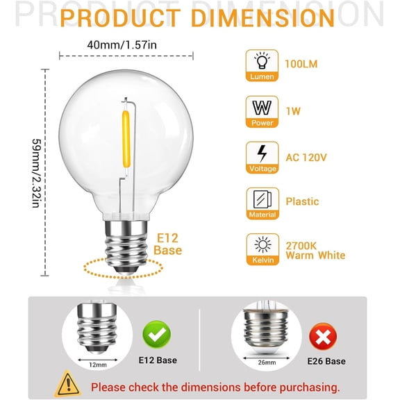 IYFFDFE-G40 LED Replacement Light Bulbs, 1W E12 Screw Base Shatterproof Clear Small Globe Light Bulbs for Indoor Outdoor String Lights, Patio Porch Garden Decor, 1.57 inch, Warm White, 25 Pack