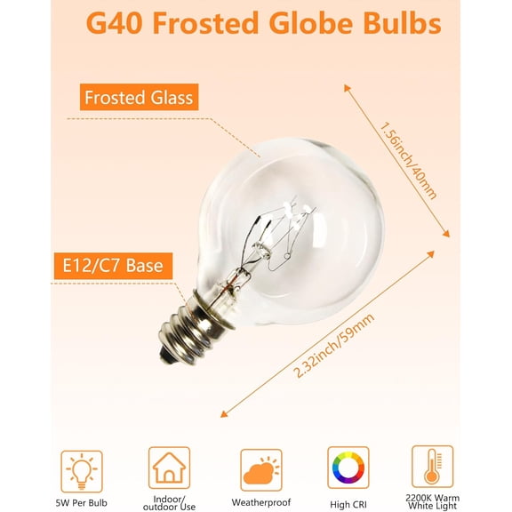 IYFFDFE-G40 Replacement Light Bulbs, 5W Globe Bulbs fits E12/C7 Candelabra Screw Base, 1.5 Inch Clear Small Light Bulbs for Indoor Outdoor String Light Decor, Pack of 25