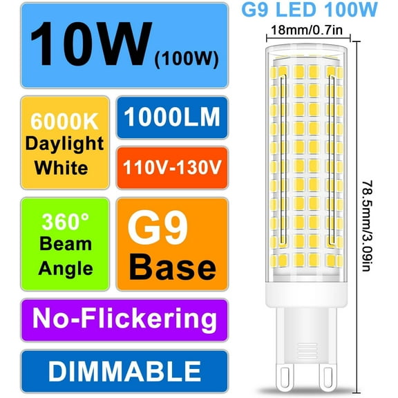 IYFFDFE-G9 LED Bulb 10W, 100W G9 Halogen Bulb Equivalent, 1000LM, AC120V, Daylight White 6000K, Dimmable G9 Bulbs for Chandelier Pendant Wall Ceiling Home Lighting, 2-Pack