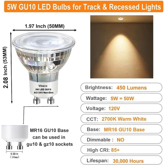 IYFFDFE-GU10 LED Light Bulbs Non-Dimmable, 6PCS Long Lasting MR16 GU10 LED Bulb 2700K Warm White Flicker-Free, 450LM GU 10 Bulb 5W (50W Equivalent) GU 10 Light, 120V 50W for Track Lighting