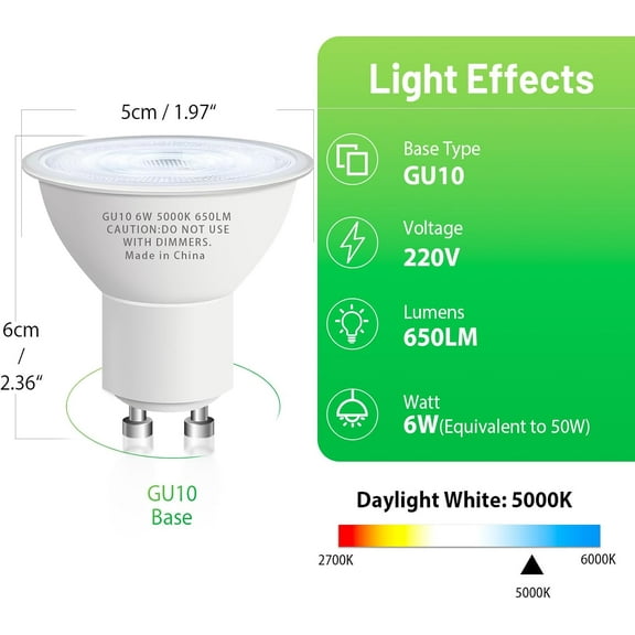 IYFFDFE-GU10 Led Bulb 6W Equivalent 50W, MR16 Led Bulb 5000K Daylight White Led Bulbs, 650 Lumens, Non-Dimmable, GU10 Base, 2 Prong Track Energy Saving Light Bulbs for Kitchen, Living Room, Bedroom,