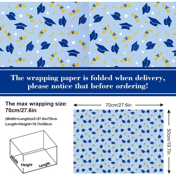 IYFFDFE-Graduation Wrapping Paper -Not Roll- Blue White Gold Gift Wrap Paper Folded Flat Grad Star Hat DIY Craft Paper for Congrats Grad Party Gift Packing Decor, 19.7 x 27.6 Inch, 8 Sheets