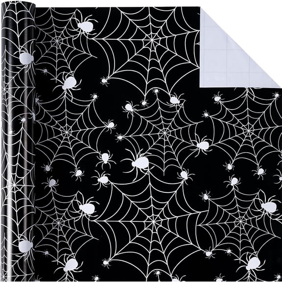 IYFFDFE-Halloween Wrapping Paper - Mini Roll - 17 Inch x 16.5 Feet - Black White Spider Web and Spider Wrapping Paper for Halloween Deco, Holiday, Party