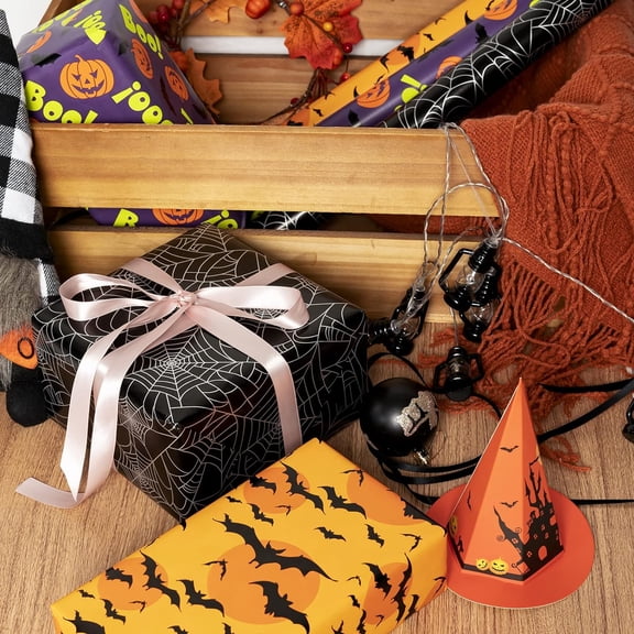 IYFFDFE-Halloween Wrapping Paper Roll - Mini Roll - Pumpkin with Boo Letters/Bat/Spider Web Print for Gift Wrap, DIY Craft - 17 x 120 inches - 3 Rolls (42.5 sq.ft.ttl.)