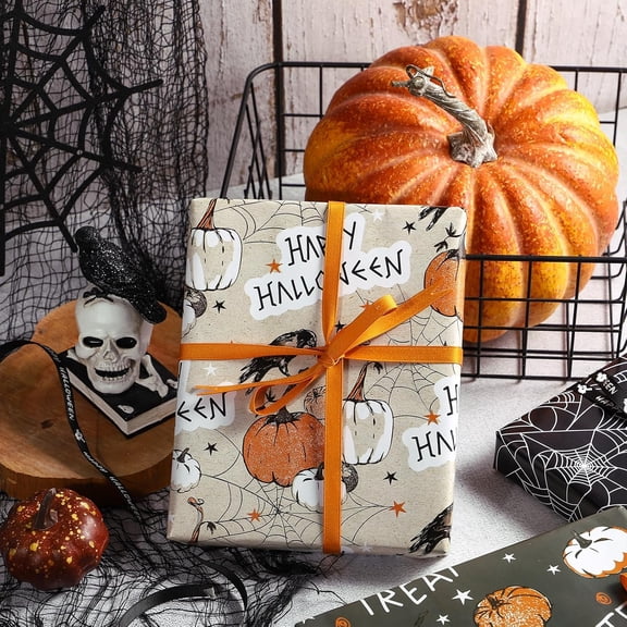 IYFFDFE-Halloween Wrapping Paper Roll - Mini Roll - Spooky Design with Pumpkins, Ravens, Spider Webs for Gift Wrap, DIY Craft - 17 x 120 inches - 3 Rolls (42.5 sq.ft.ttl.)