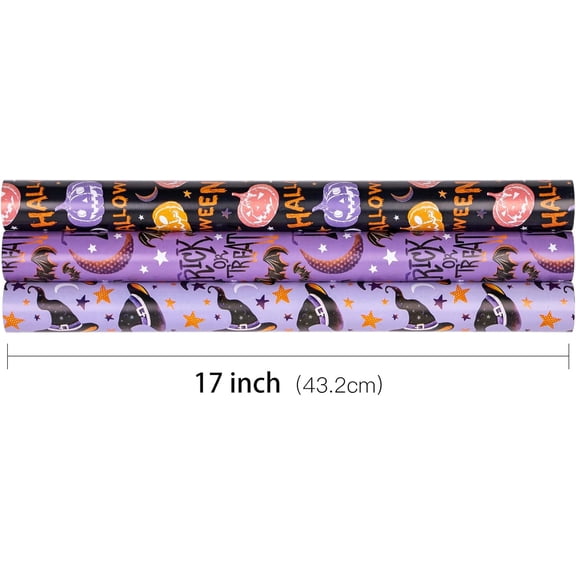 IYFFDFE-Halloween Wrapping Paper Rolls - Mini Roll - Perfect for Halloween, Autumn, Holiday - 17 inches x 10 feet per Roll, Total of 3 Rolls - Bat, Pumpkin, Witch Hat