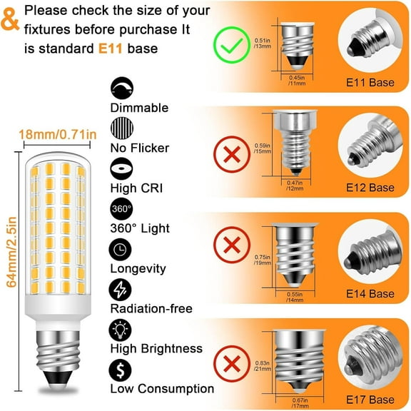 IYFFDFE-JDE11 120V 50W Halogen Mini Candelabra Bulbs Equivalent, T3/T4 Mini Base E11 5W Bulbs Dimmable Warm White 3000K Energy Saving for Chandeliers, Pendants, Table Lamps Pack of 3