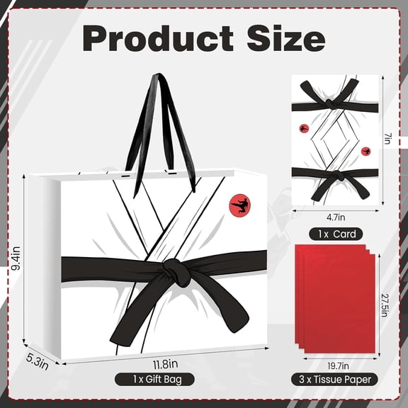 IYFFDFE-Karate Uniform Gift Bags,White Kung Fu Wrapping Paper Birthday Gift Bag Taekwondo Party Decoration with Handles Card and Tissue Paper for Adults Taekwondo Kung Fu Theme Party Supplies