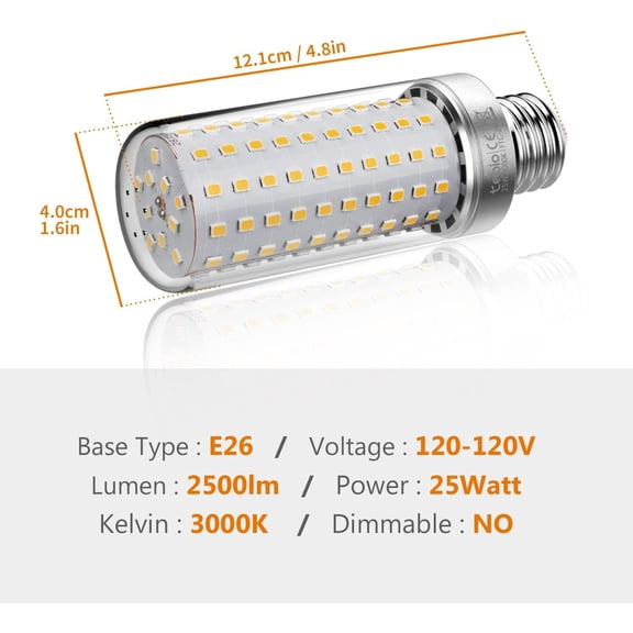 IYFFDFE-LED E26 Corn Bulb 25W Middle Edison Screw LED Bulbs, 3000K Warm White, 200W Incandescent Equivalent, Non-dimmable Light Bulb, 3-Pack