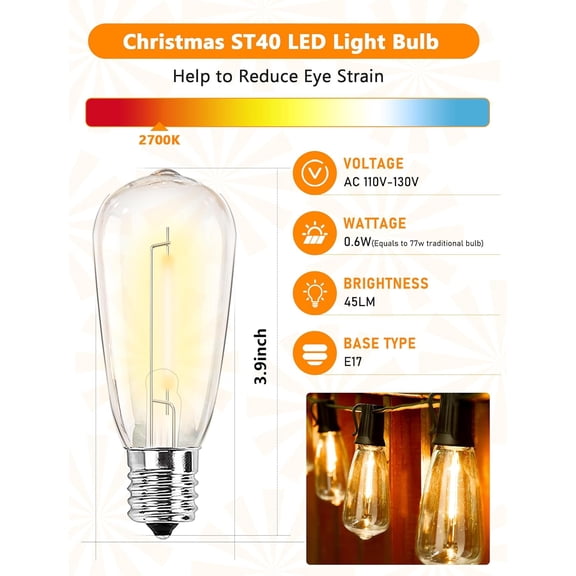 IYFFDFE-LED Edison Bulb, ST40 Replacement Bulbs, 0.6 Watt Clear Plastic Light Bulbs, Shatterproof Bulbs for Outdoor Patio String Lights, E17 Intermediate Base, 10 Pack, Warm White