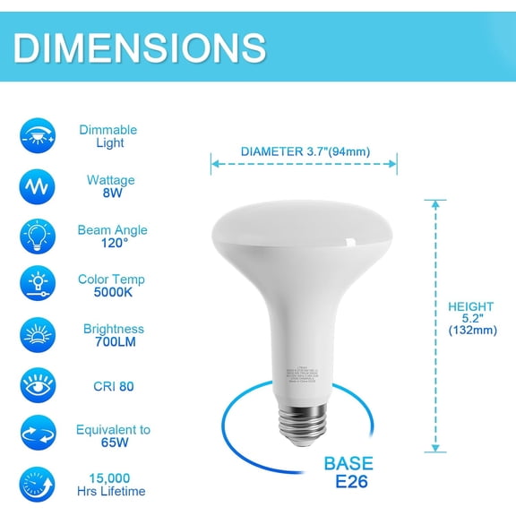 IYFFDFE-LED Flood Light Bulbs, Dimmable 750LM BR30 LED Bulb, 5000K Daylight 8W(65W Equivalent), CRI80, 15000 Hours, E26 Base Recessed Light Bulbs, 6 Pack