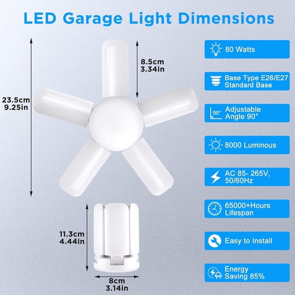 IYFFDFE-LED Garage Lights, Super Bright 8000 LM Garage Light Bulbs, 6500K Garage Ceiling Lights with Deformable Panels for E26/E27 Base, 80W LED Shop Lights for Workshop, Warehouse (2 Pack)