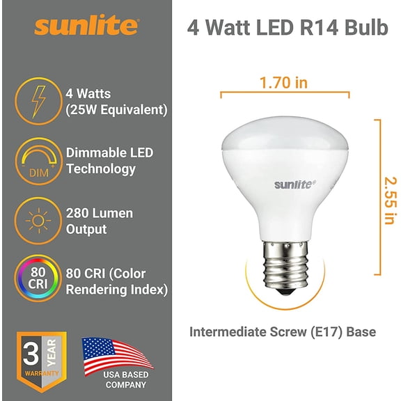 IYFFDFE-LED R14 Mini Flood Light Bulbs, 4 Watts (25W Equivalent), 280 Lumens, Intermediate (E17) Base, Dimmable, ETL Listed, 2700K Soft White, for Curio Cabinet Light, 3 Count