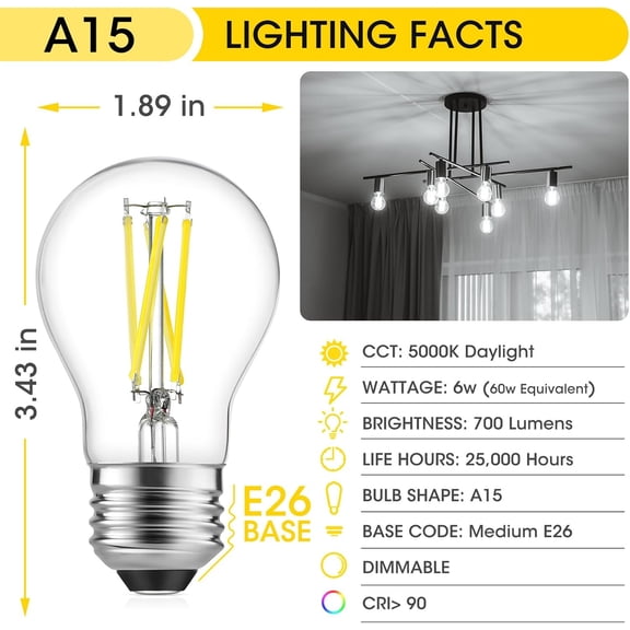 IYFFDFE-LED Refrigerator Light Bulb 60W Equivalent 120V A15 Fridge Waterproof Bulbs 6W LED Daylight White 5000K E26 Medium Base Freezer Home Lighting Lamp Dimmable - 4 Pack