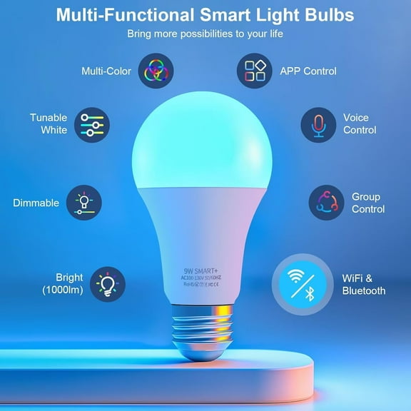 IYFFDFE-LED Smart Light Bulbs - Wi-Fi & Bluetooth Light Bulbs, Color Changing Light Bulb Compatible with Alexa and Google Assistant, A19 E26 RGBTW Light Bulb, 800LM (4 Pack)