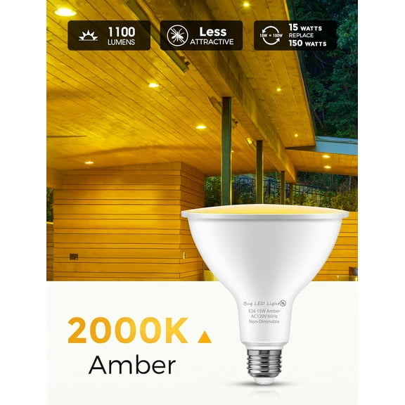 IYFFDFE-LOHAS Yellow Bug Light Bulbs Outdoor, PAR38 LED Flood Light Outside, 150-200W Equivalent 2000K Non-Attracting, 15W 1100LM Non-Dimmable Amber Porch Lights, E26 Base for Patio, Backyard, Party,