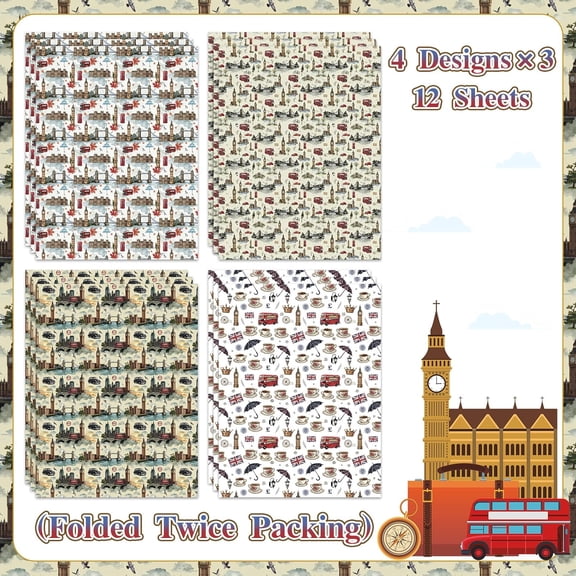 IYFFDFE-London Wrapping Paper 12 Sheets Big Ben, Tower Bridge, Umbrella UK Designs British Gift Wrap for Birthday, Travel Lovers, 20"28"