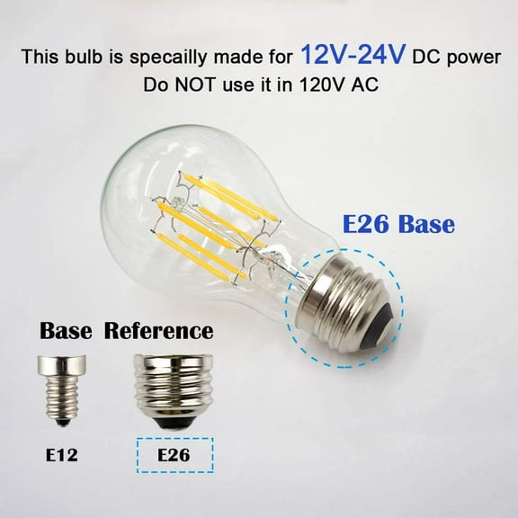 IYFFDFE-Low Voltage 12V Input Edison Style Classical A60(A19) Bulb, Dimmable with 12V DC Dimmer, 6W 600LM, 4000K Natural White, E26 Medium Base, 60W Incandescent Equivalent, 12V-24V DC Power, 2 Pack