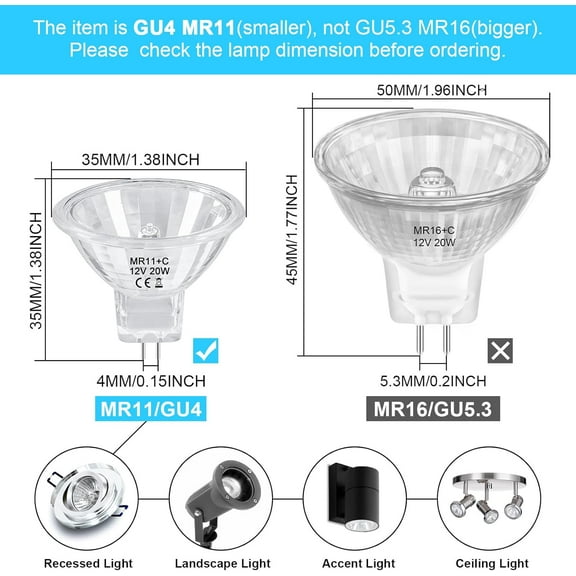 IYFFDFE-MR11 Halogen Bulb 20W 12V FTD Spotlight Bulb with Long Lifespan,6 Pack MR11 Bulbs for Landscape,Accent,Track Lights,Fiber Optics,GU4 Bi-Pin Base,Glass Cover,Dimmable,Warm White 2700K
