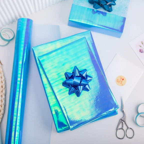 IYFFDFE-Metallic Iridescent Wrapping Paper - 17Inch x 33Feet - Blue Iridescence Holographic Pattern Boy Fairy Gift Wrap Present Paper for Birthday Wedding Bridal Shower Valentine's Day Mother's Day