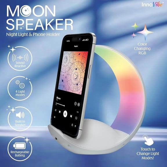IYFFDFE-Moon Shape Bluetooth Speaker with Night Light, Portable Wireless Speaker with Dimmable LED, Phone Holder & Type-C Charging, Tech Gadgets & Gifts for Teens & Bedroom Decor, White