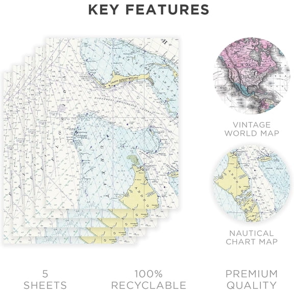 IYFFDFE-Nautical Wrapping Paper Sheets  Travel Gift Wrap with Map Chart Design, 5 Premium Gift Wrap Sheets, Durable Nautical Map Wrapping Paper for Birthdays & Holidays, 28 x 20 Inches