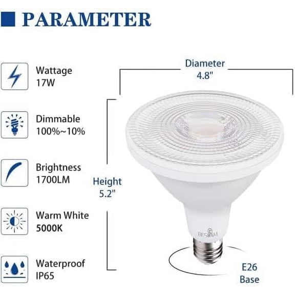 IYFFDFE-PAR38 17W LED Flood Light Bulbs, E26 Base,150W Equivalent, Outdoor Indoor 5000K Cool White, 1700lm Long Lighting, Dimmable 2-Pack for Patio Landscape, Porch, Garden, Bistro, Balcony, Decor