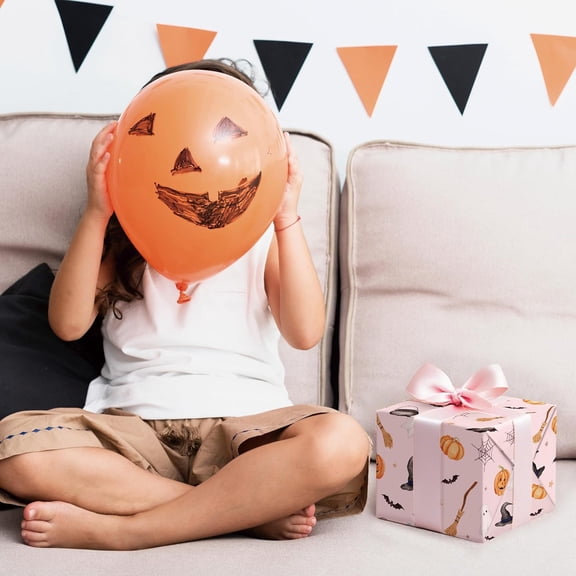 IYFFDFE-Pink Halloween Wrapping Paper - 4 Jumbo Sheets, 28 * 40 Inches - Spider, Ghosts, Waith Hats, Cats and Pumpkin Gift Wrap, Perfect for Halloween's Decorations, Holiday, Party