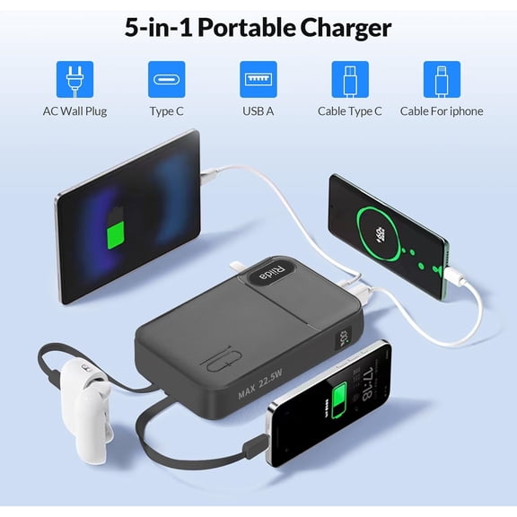 IYFFDFE-Portable Charger Built in Cables, AC Wall Plug In Portable Charger Power Bank 10000mAh Travel Battery Pack 22.5W Fast Charging for iPhone 16/15/14/13, Samsung Galaxy S24/S23/S22 Pixel LG iPad