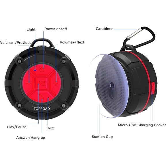 IYFFDFE-Portable Shower Speaker, IPX7 Waterproof Wireless Outdoor Speaker with HD Sound, 2 Suction Cups, Built-in Mic, Hands-Free Speakerphone for Bathroom, Pool, Beach, Hiking, Bicycle(Red)