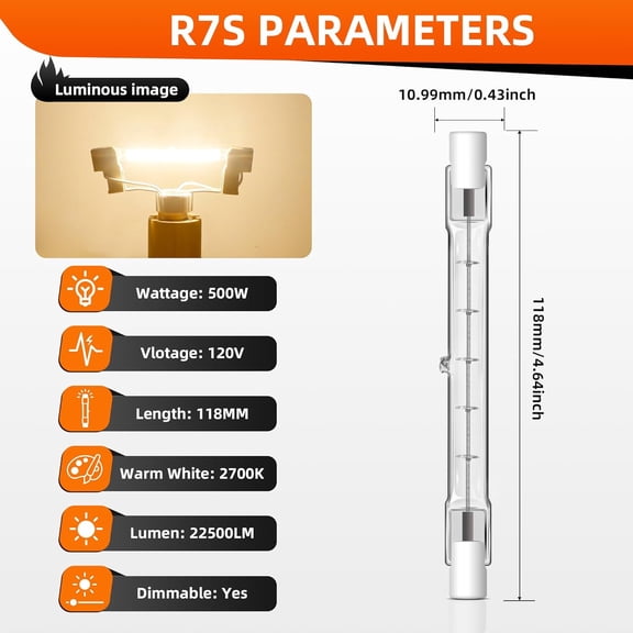 IYFFDFE-R7S 118mm Halogen Bulb R7S T3 500W 120V J Type Halogen Light Bulb with 3-Inch Long Double Ended for Work,Landscape,Security,Ceiling Lights,Dimmable 2700K Warm White Pack of 6