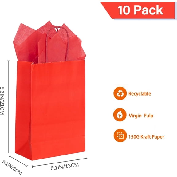 IYFFDFE-Red Gift Bags with Tissue Paper Small Red Kraft Paper Bags with Handles (8.3 x 5.1 x 3.1 in, 10 Pcs)