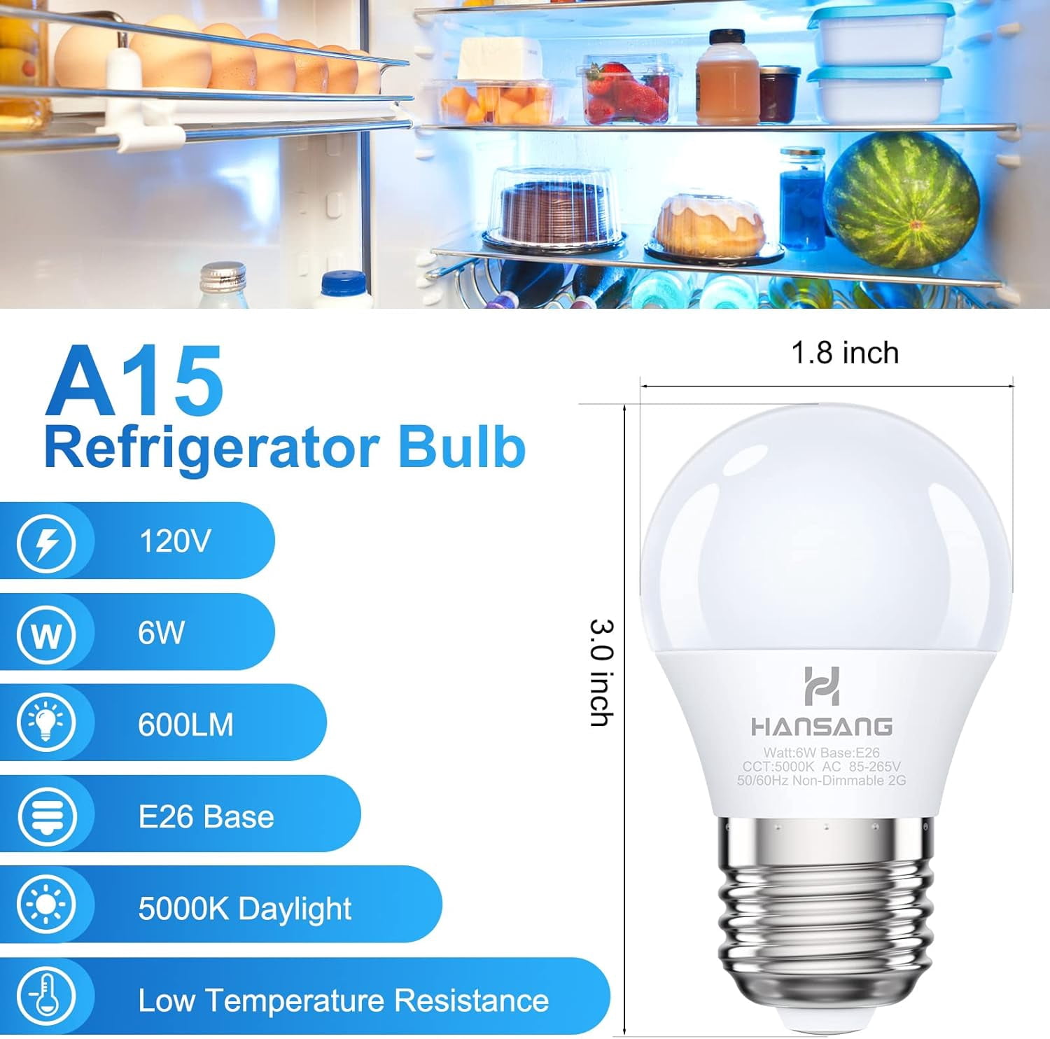 IYFFDFE-Refrigerator Light Bulb E26 Base, 60Watt Equivalent, 5000K ...