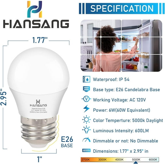 IYFFDFE-Refrigerator Light Bulb E26 Base, 60Watt Equivalent, 5000K Daylight, Watreproof Appliance Fridge Bulbs, A15 LED Small Light Bulb Frigidaire Freezer Bulbs, 120V, 600LM, 2 Pack, Non-Dimmable