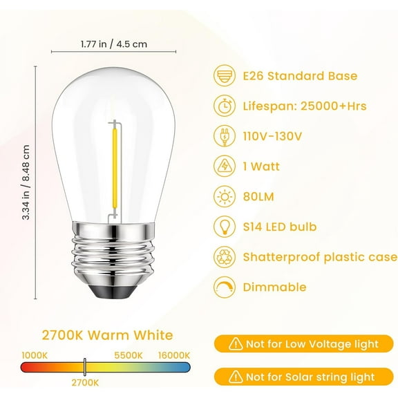 IYFFDFE-Replacement Bulbs for Outdoor String Lights, 15 Pack S14 LED Bulbs for Patio, E26 Base 1W Bulb Equal to 11W Incandescent, Dimmable,Shatterproof 2700K Warm White