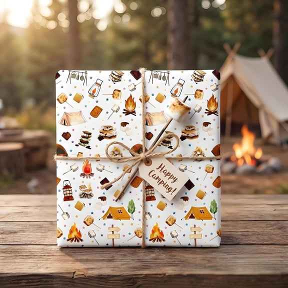 IYFFDFE-S'mores Camping Gift Wrapping Paper Roll - 17'' x 16.4ft Marshmallow Campfire and Tent Designs | Camping Theme Gift Wrap for Outdoor Enthusiasts, Party Decor, DIY Crafts, Holiday Gifts