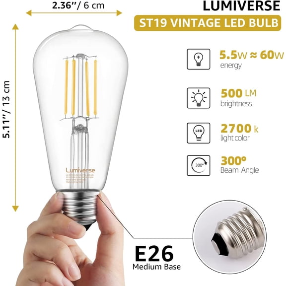 IYFFDFE-ST19 Dimmable LED Edison Bulb, 5.5W (60W Equivalent) 500LM, CRI 95+, 2700K Soft White, E26 Medium Base, Vintage Filament, Clear Glass, Standard Type A Lamp for Kitchen, Bathroom, Bedroom, 4 P