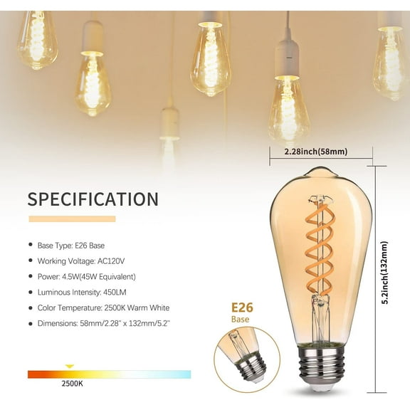 IYFFDFE-ST19/ST58 Vintage LED Edison Bulb,4.5W Warm White 2500K,Amber Glass Flexible Spiral LED Filament Light Bulb,450Lm Dimmable 4.5W Equivalent to 45W, E26 Base(4.5W-2500K-6 Pack)