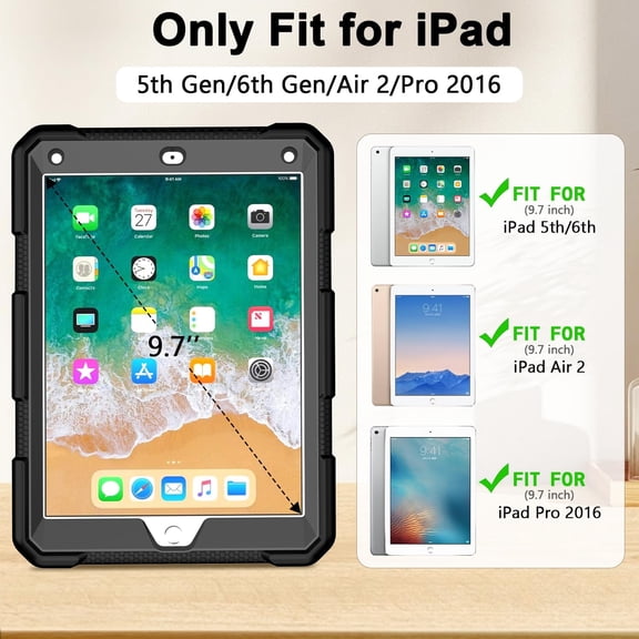 IYFFDFE-Shockproof Case for iPad 5th Gen/6th Gen/Air 2/Pro 9.7-inch with 360 Swivel Stand, Pencil Holder, Detachable Hand and Shoulder Strap, Black