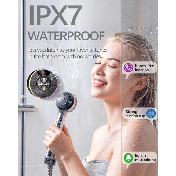 IYFFDFE-Shower Bluetooth Speaker Waterproof IPX7, 360 HD Stereo Sound Bathroom Speaker Bluetooth 5.3 with RGB Lights, Suction Cup and Microphone, Mini Shower Radio for Home/Party/Outdoor