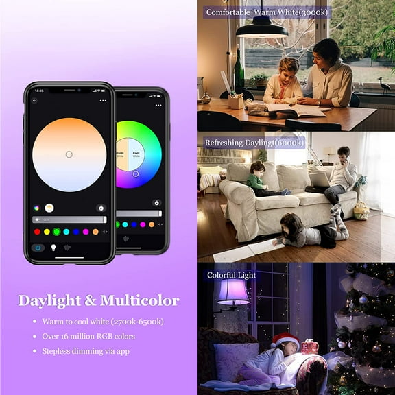 IYFFDFE-Smart Light Bulb, WiFi & Bluetooth 5.0, A19 E26 800LM Color Changing Light Bulb, Warm to Cool White, Dimmable LED Lights, App Control, UL Listed, No Hub Required, Works with Alexa Google Home