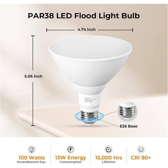 IYFFDFE-Soft White PAR38 LED Flood Light Bulbs Outdoor, 3000K Warm Glow, 1050 Lumens 13W, 100W Equivalent, Dimmable Waterproof E26 Bulb for Patio, Porch, Yard, 2 Pack